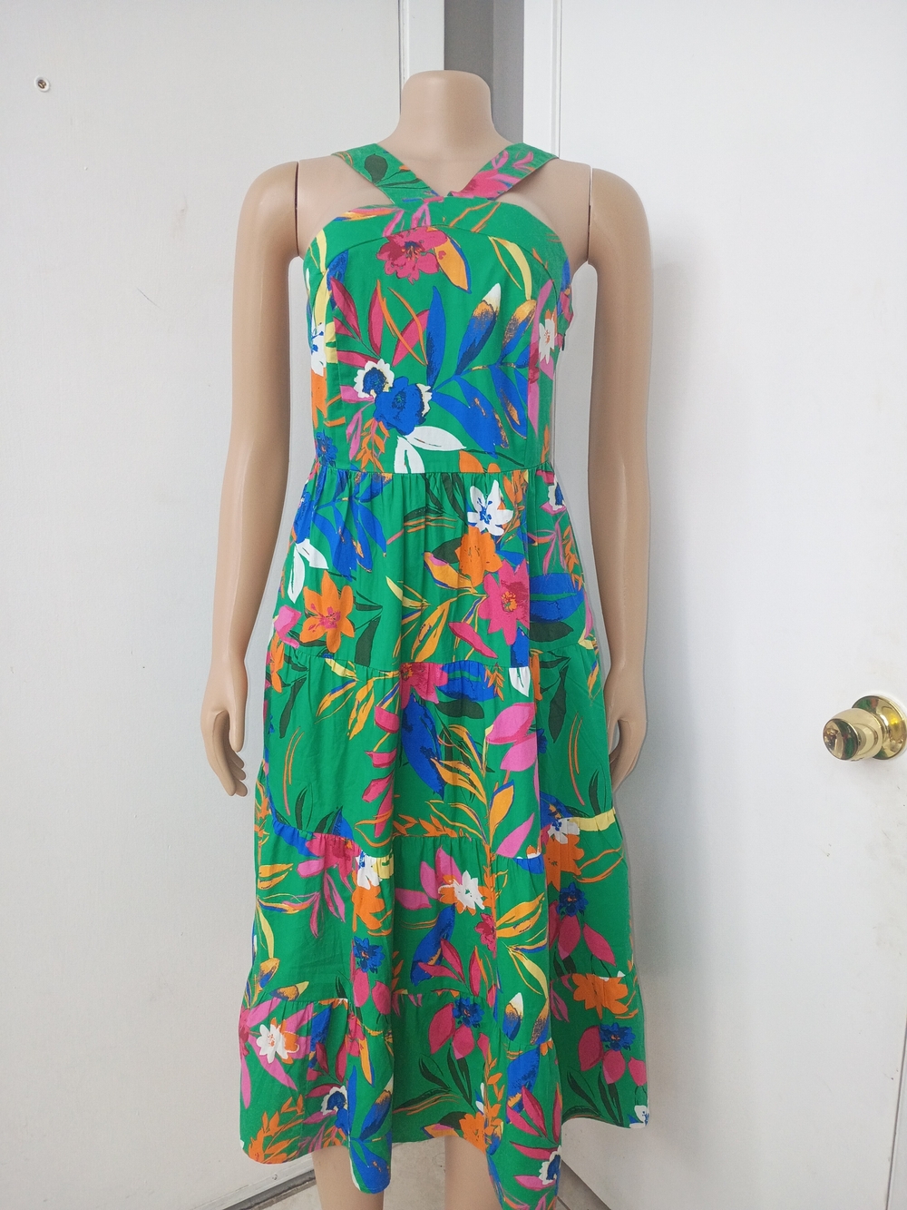 J. Crew Green Floral Halter Midi Dress with Pink, Blue & Orange Accents - Picture 3 of 15